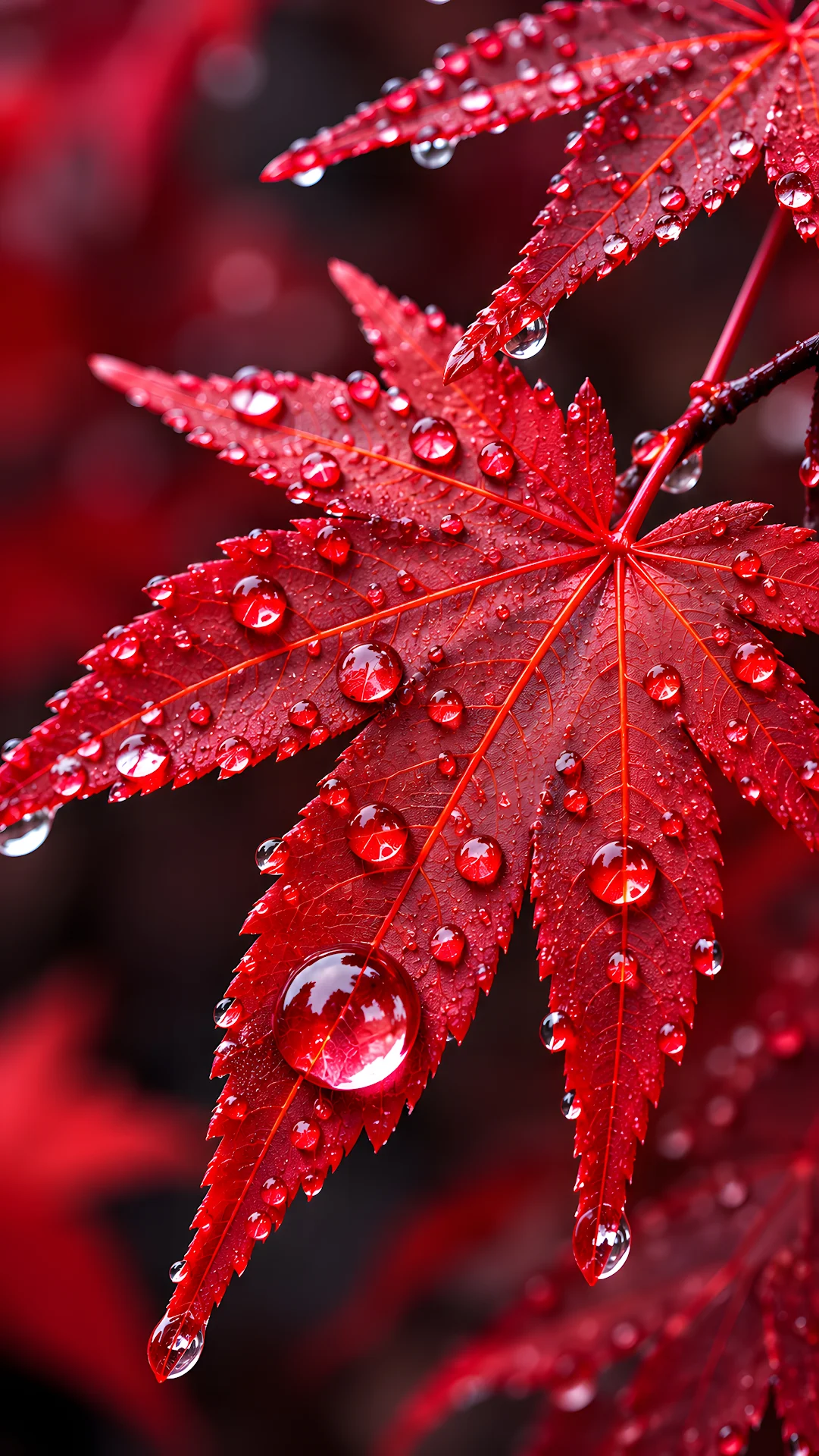 Vibrant red autumn maple leaves covered in fresh raindrops - Free 4K mobile Wallpaper