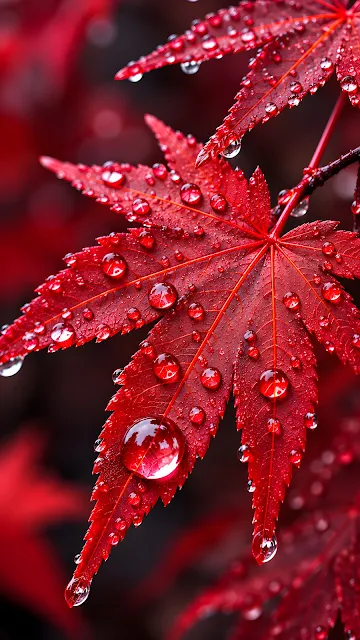 Extreme macro photograph of vivid red maple leaves covered in clear water droplets, focused closely on leaf vein details.