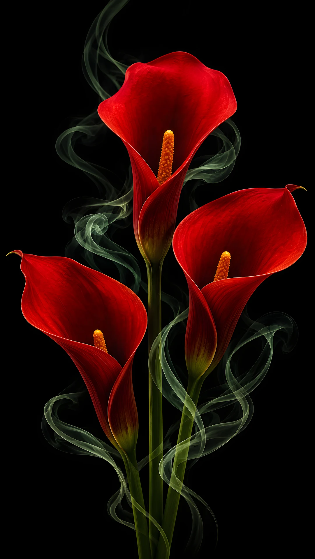 Vibrant red calla lilies on black background with smoke - Free 4K mobile Wallpaper