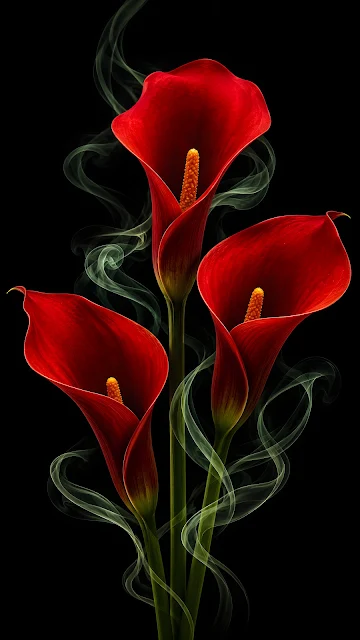 Three elegant red calla lilies with bright yellow spadices, surrounded by swirls of light green smoke on a solid black background.