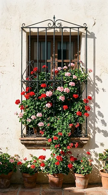 Vibrant Red Geraniums in Window on White Plaster Wall - Free 4K & 8K mobile Wallpaper