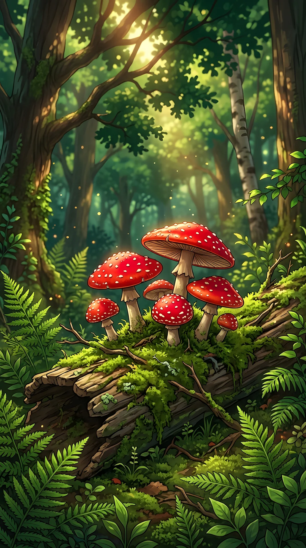 Vibrant Red Mushrooms in Forest Illustration - Free 4K mobile Wallpaper