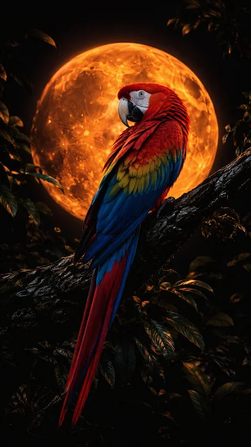 Vivid red, yellow, and blue scarlet macaw perched on a dark tree branch in front of a giant glowing golden full moon.