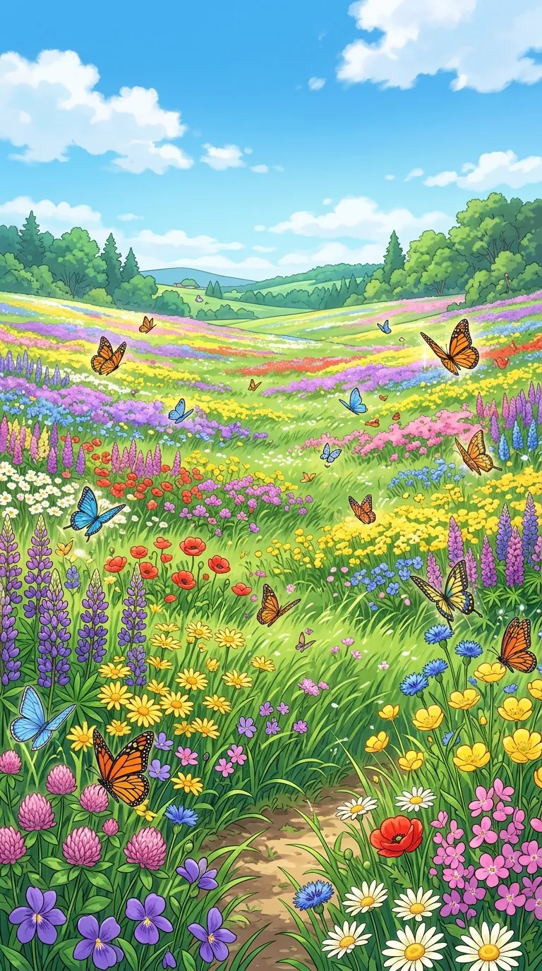 Vibrant Spring Meadow with Wildflowers and Butterflies in Anime Style - Free 8K and 4K mobile Wallpaper Background