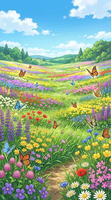 Vibrant Spring Meadow with Wildflowers and Butterflies in Anime Style - Free 4K & 8K mobile Wallpaper