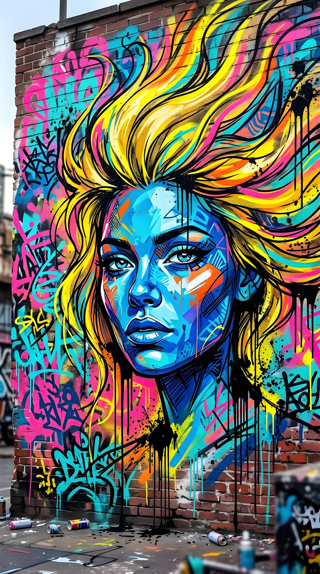Vibrant Street Art Mural Featuring an Abstract Female Face with Graffiti Lettering - Free 4K mobile Wallpaper