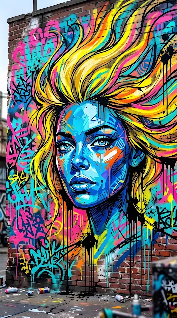 Vibrant Street Art Mural Featuring an Abstract Female Face with Graffiti Lettering - Free mobile Wallpaper