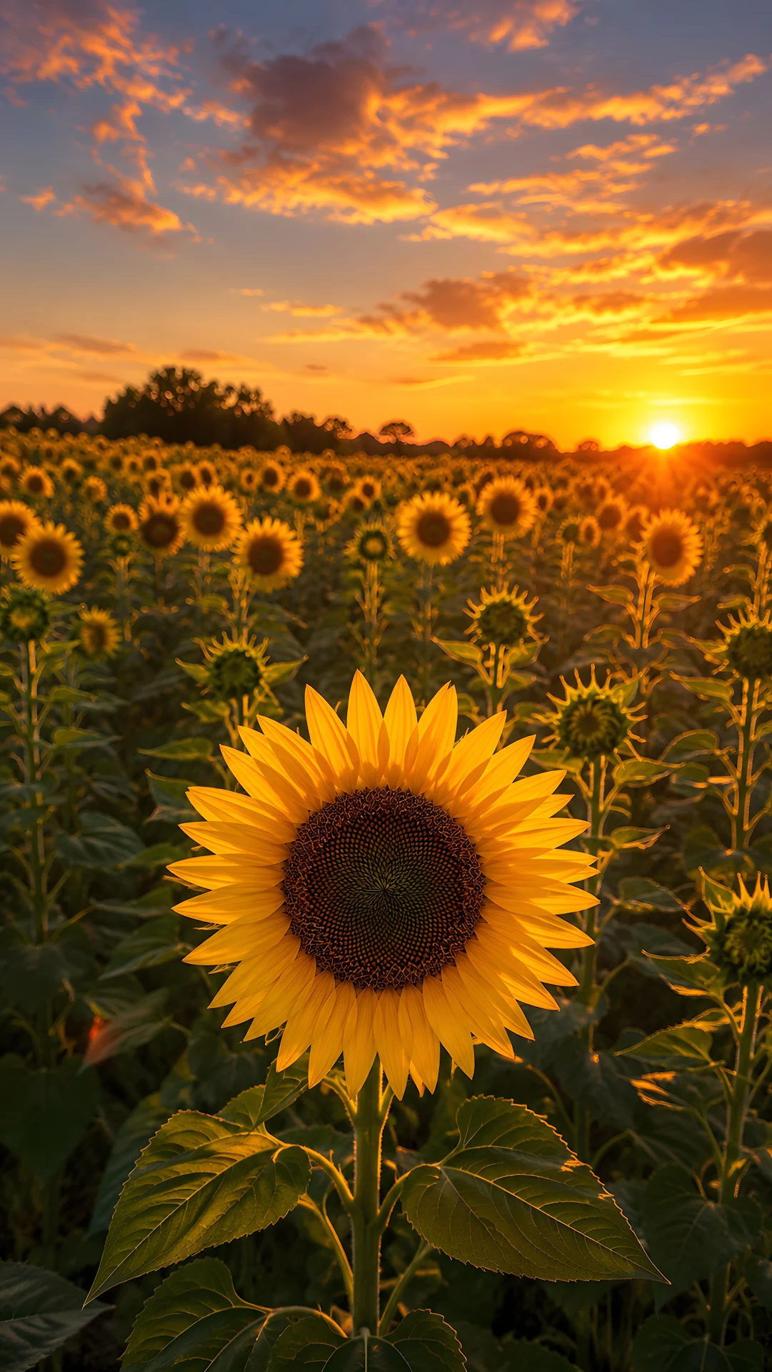 Vibrant sunflower field at golden hour sunset with dramatic clouds - Free 4K mobile Wallpaper