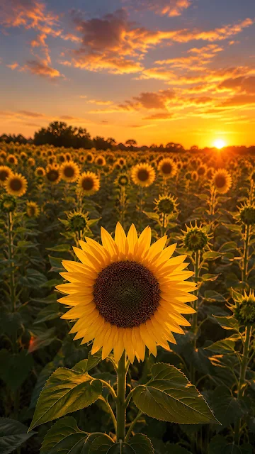 Close-up of a bright yellow sunflower in a large field under a dramatic orange sunset sky.