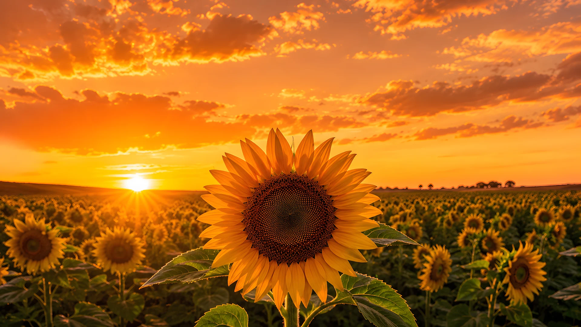Vibrant sunflower field at golden hour sunset with dramatic clouds - Free 4K desktop Wallpaper