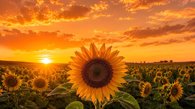 Close-up of a bright yellow sunflower in a large field under a dramatic orange sunset sky.