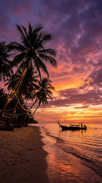 Vibrant Sunset Over Tropical Beach with Longtail Boat and Palms - Free 4K & 8K mobile Wallpaper