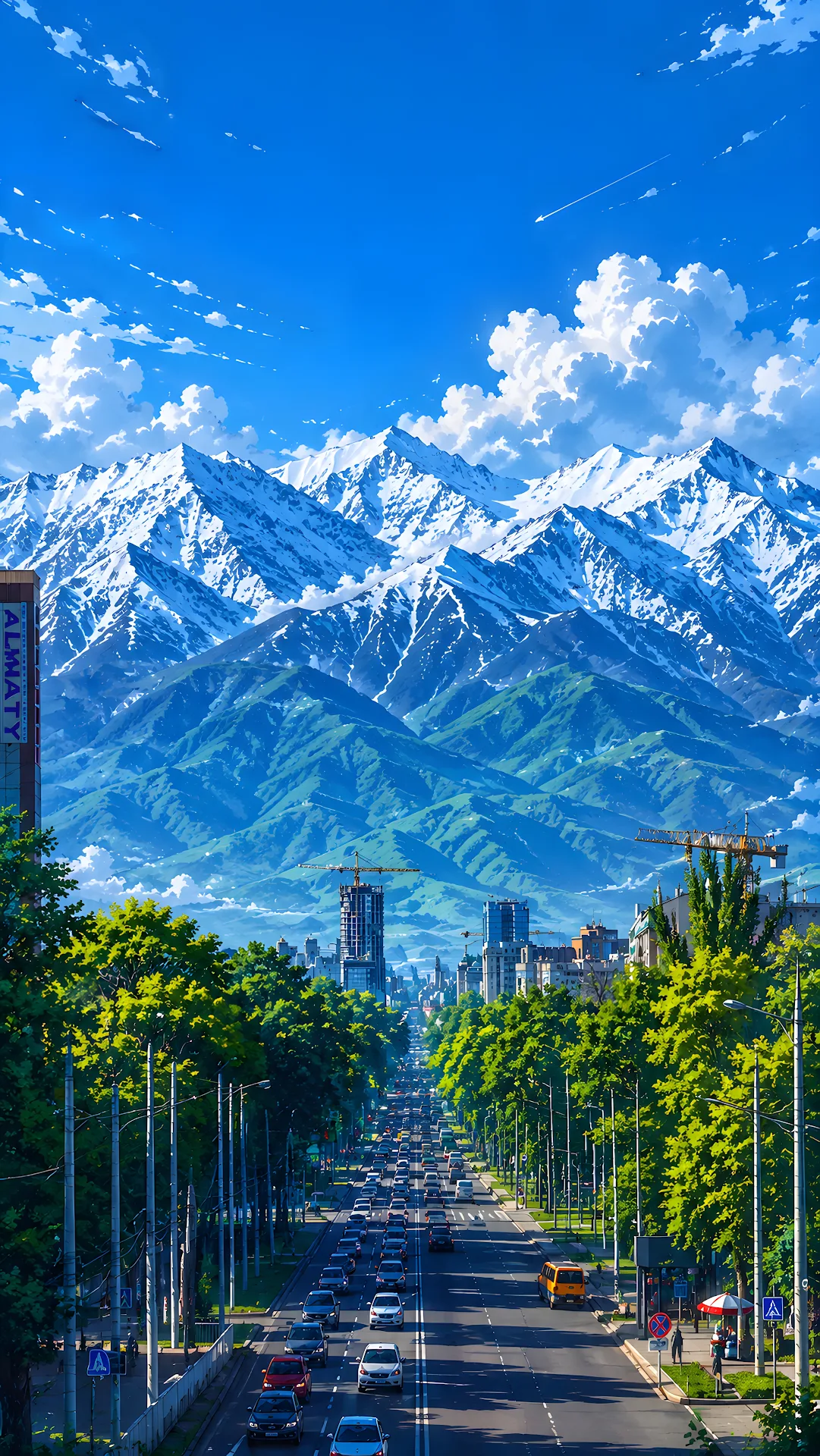 Vibrant urban city street leading toward snow-capped mountain range under blue sky - Free 4K mobile Wallpaper
