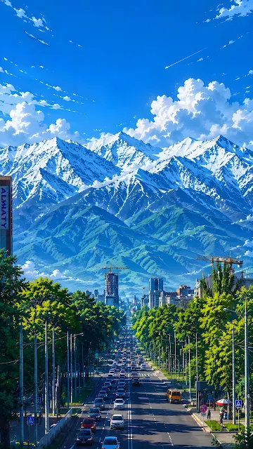 Straight city street lined with trees and traffic leading toward massive snow-covered mountains under a bright blue sky.