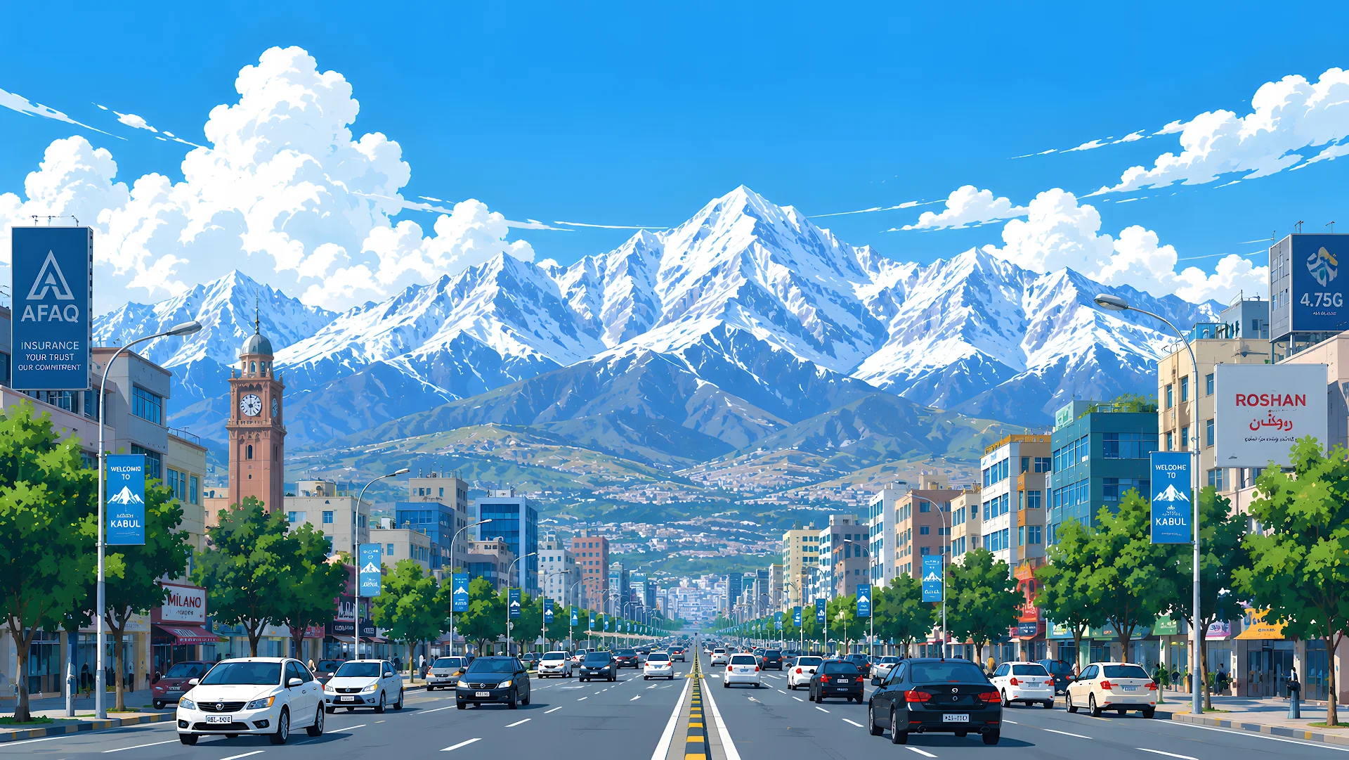 Vibrant urban city street leading toward snow-capped mountain range under blue sky - Free 4K desktop Wallpaper