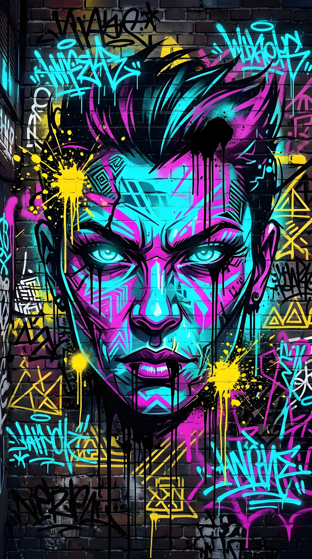 Vibrant Urban Graffiti Illustration of a Stylized Face with Abstract Splatters - Free 4K mobile Wallpaper