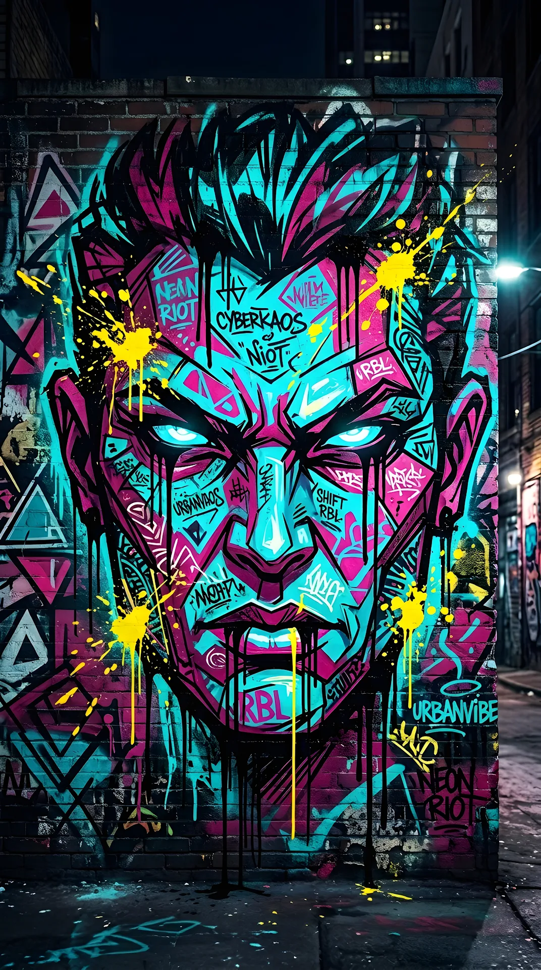 Vibrant Urban Graffiti Illustration of a Stylized Face with Abstract Splatters - Free 4K mobile Wallpaper