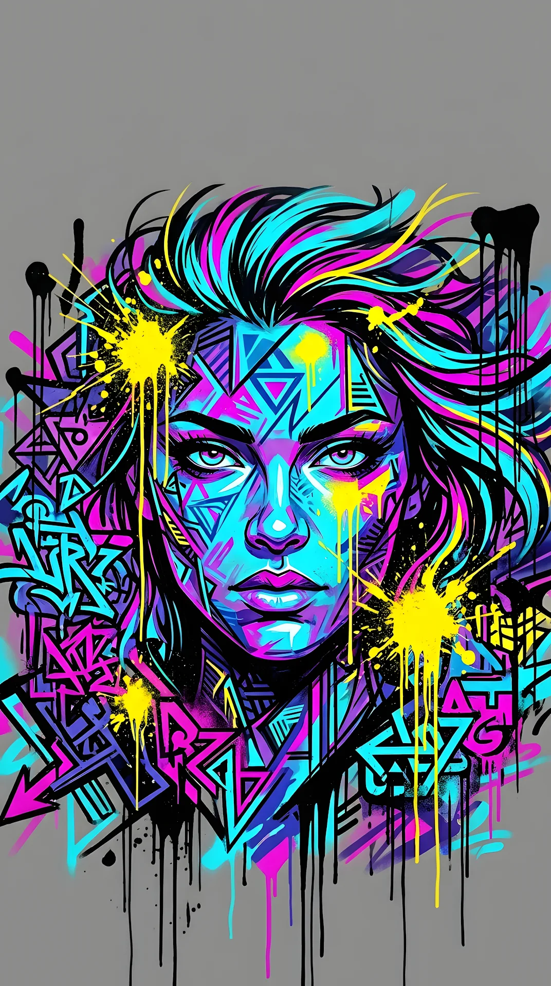 Vibrant Urban Graffiti Illustration of a Stylized Face with Abstract Geometric Splatters - Free 4K mobile Wallpaper