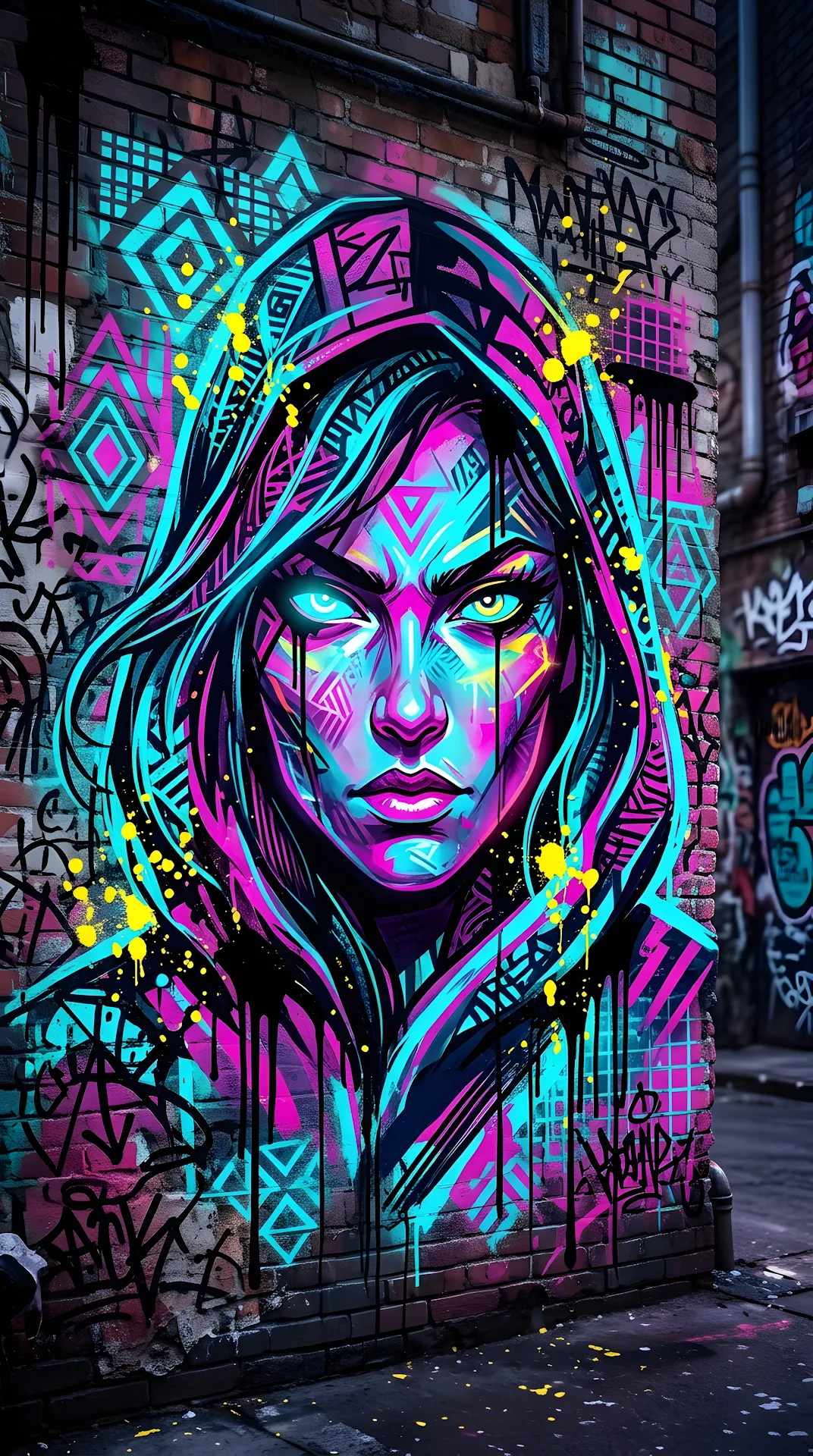 Vibrant Urban Graffiti Illustration of a Stylized Face with Abstract Splatters - Free 4K mobile Wallpaper
