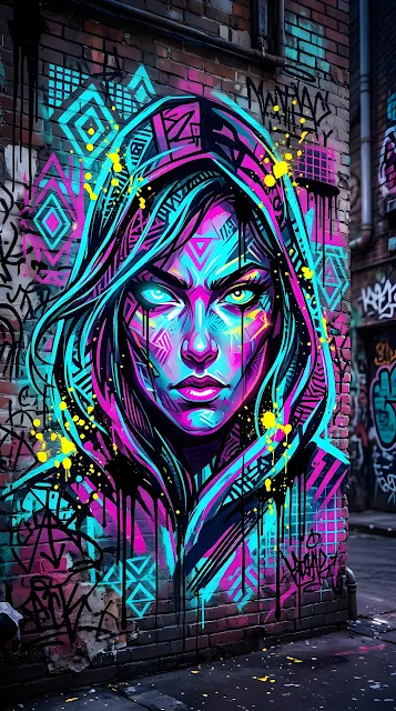 Vibrant Urban Graffiti Illustration of a Stylized Face with Abstract Splatters - Free mobile Wallpaper