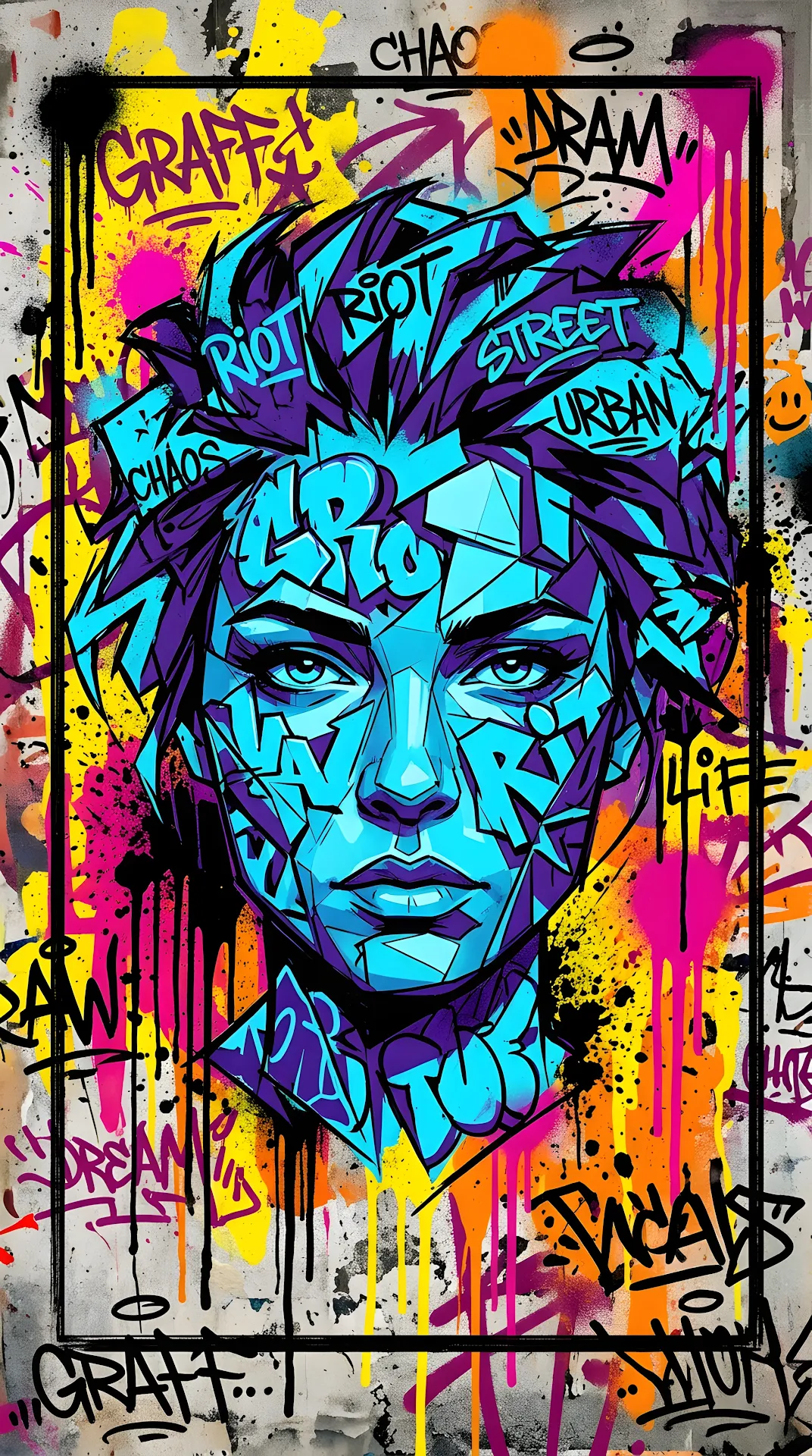 Vibrant Urban Graffiti Illustration of a Stylized Face with Abstract Splatters - Free 4K mobile Wallpaper