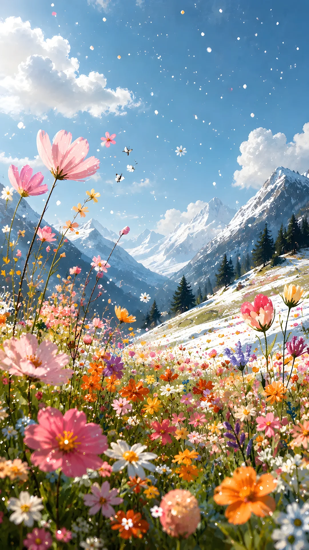 Vibrant Wildflower Meadow in Snowcapped Mountain Valley Under Blue Sky - Free 4K mobile Wallpaper