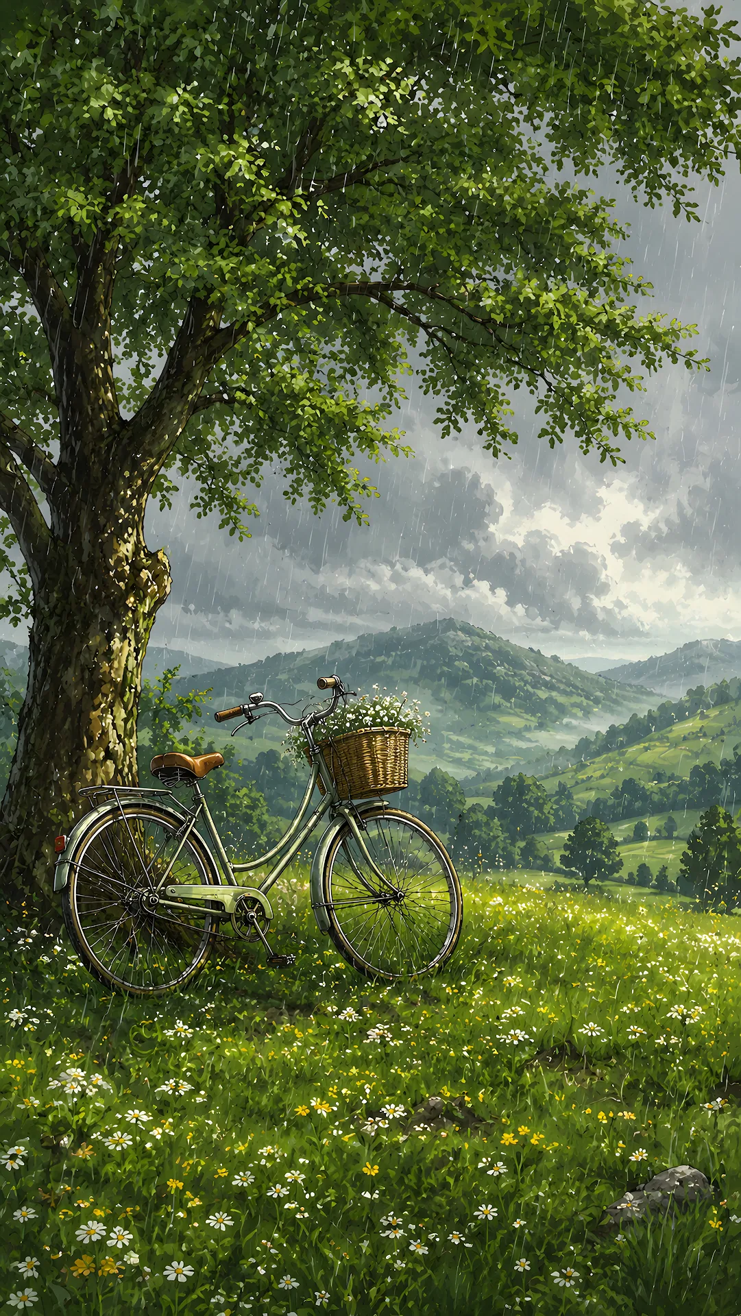 Vintage bicycle parked under a large tree during summer rain - Free 4K mobile Wallpaper