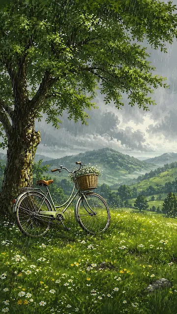 A classic dark bicycle with a basket leans against a large green deciduous tree in a grassy field during a soft rain storm with rolling hills behind.
