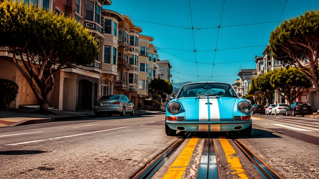 Classic light blue sports coupe with white racing stripes centered on streetcar tracks in a city street.