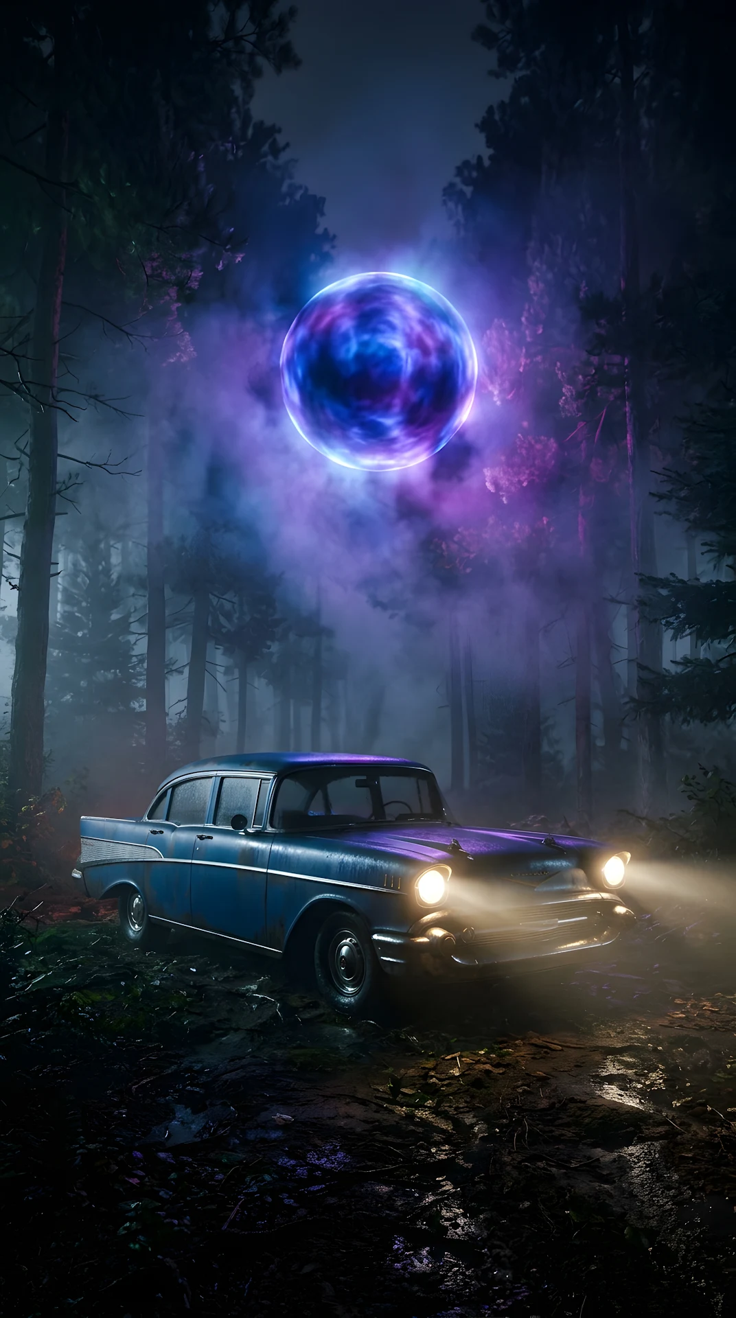 Vintage Car in Foggy Forest with Glowing Celestial Orb - Free 4K mobile Wallpaper