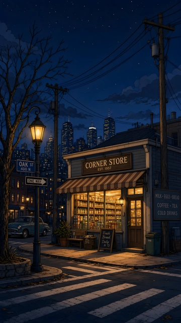 Cozy corner storefront glowing with warm yellow light on a city street at night with distant skyscrapers.