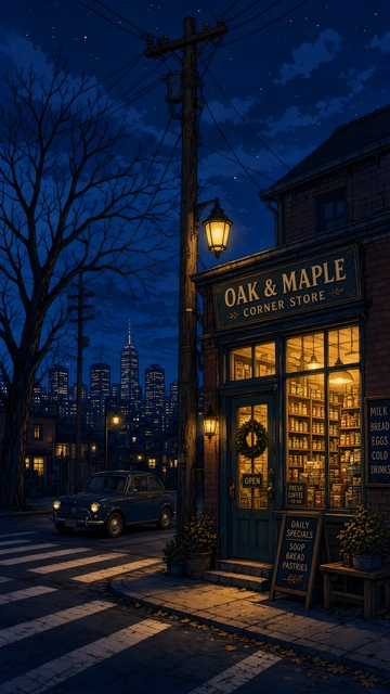 Illuminated Oak and Maple corner store at night with a vintage blue car parked outside.