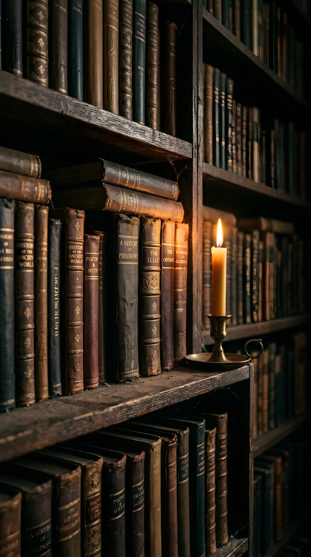 Vintage Dark Academia Library Books Candlelight Background - Free 4K mobile Wallpaper