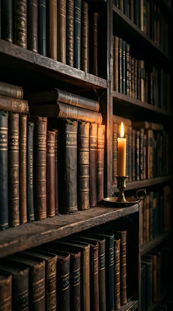 Vintage Dark Academia Library Books Candlelight Background - Free mobile Wallpaper