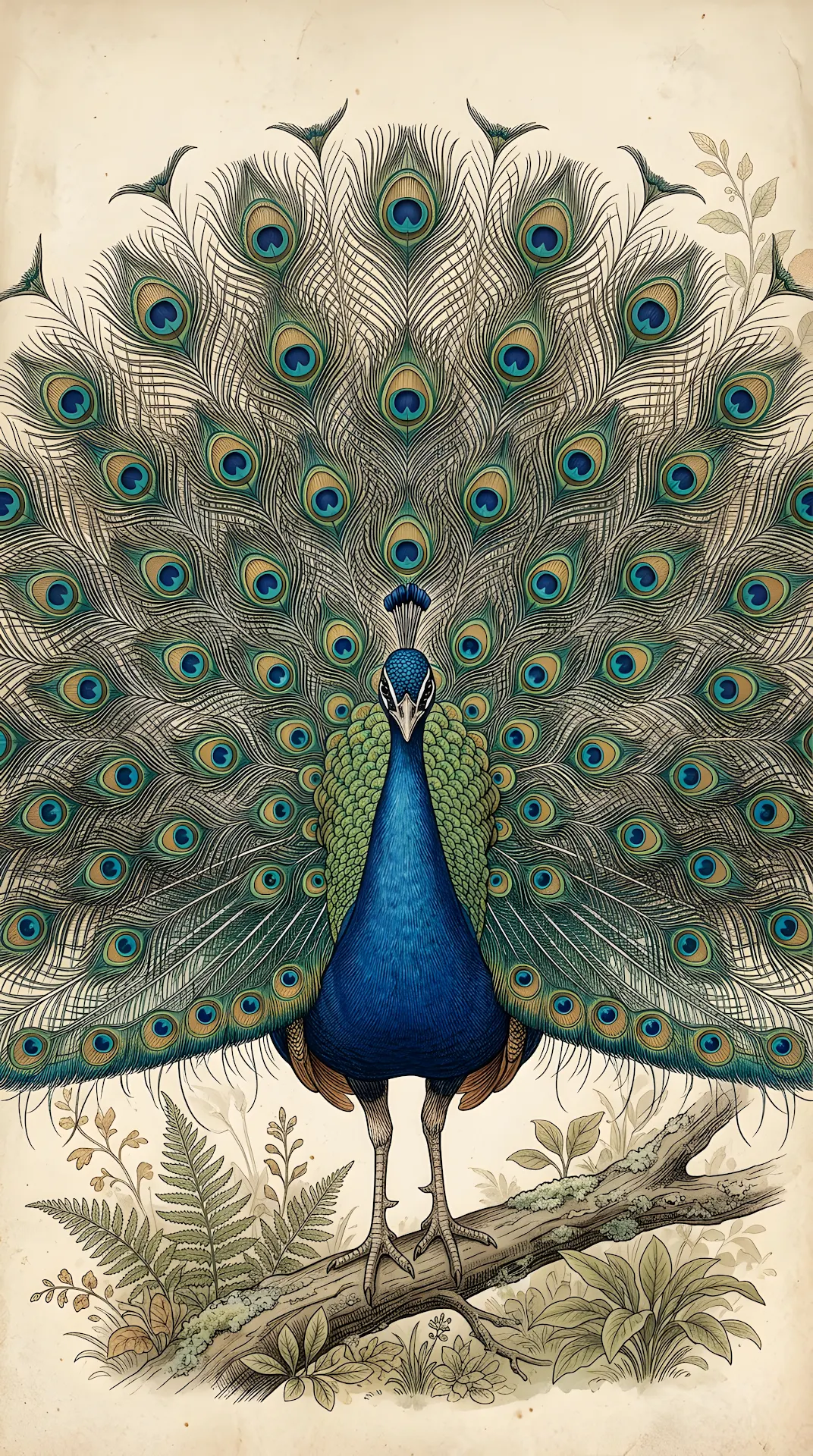 Vintage Detailed Peacock Natural History Illustration - Free 4K mobile Wallpaper