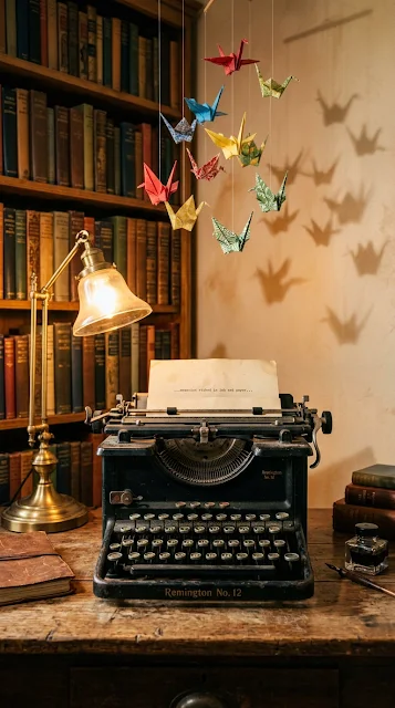 Vintage Dusty Typewriter on Wooden Desk with Origami Birds - Free 4K & 8K mobile Wallpaper