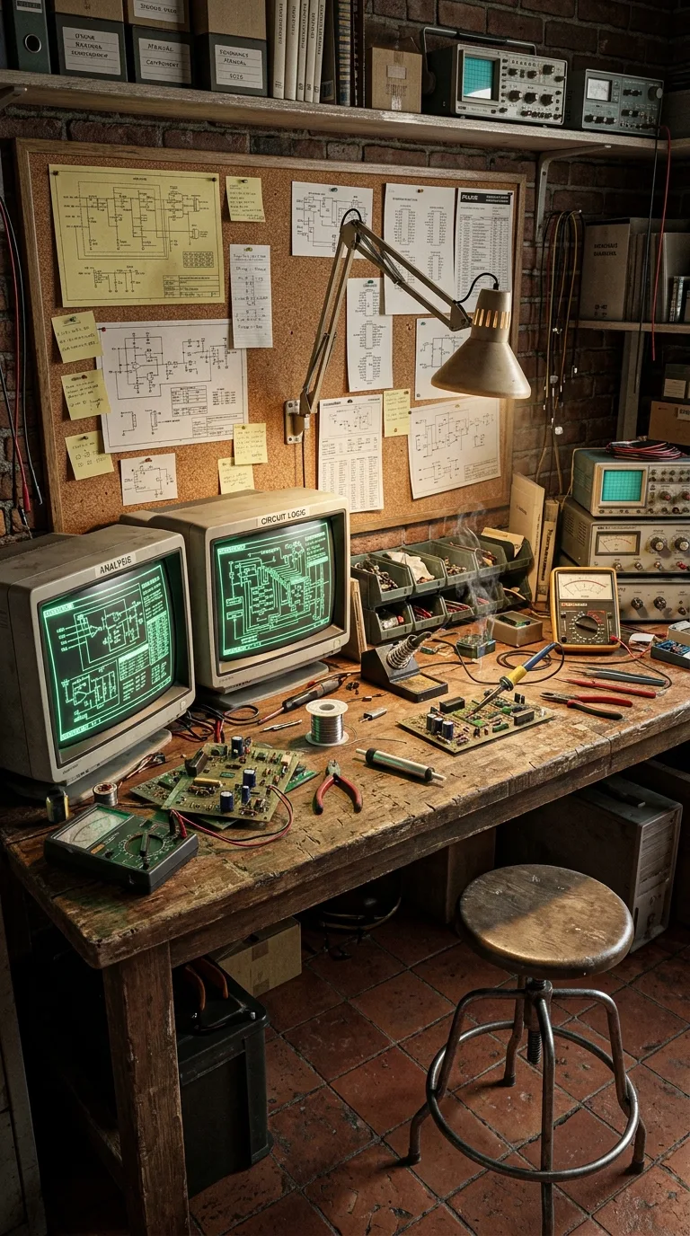 Vintage Electronics Workshop with Circuit Boards and CRT Monitors - Free 8K and 4K mobile Wallpaper Background