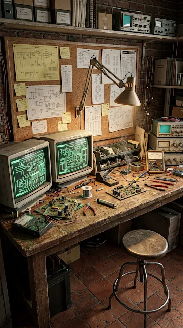 Vintage Electronics Workshop with Circuit Boards and CRT Monitors - Free 4K & 8K mobile Wallpaper