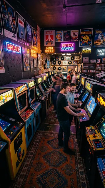 Vintage Gaming Room with Retro Arcade Machines and Neon Lighting - Free 4K & 8K mobile Wallpaper