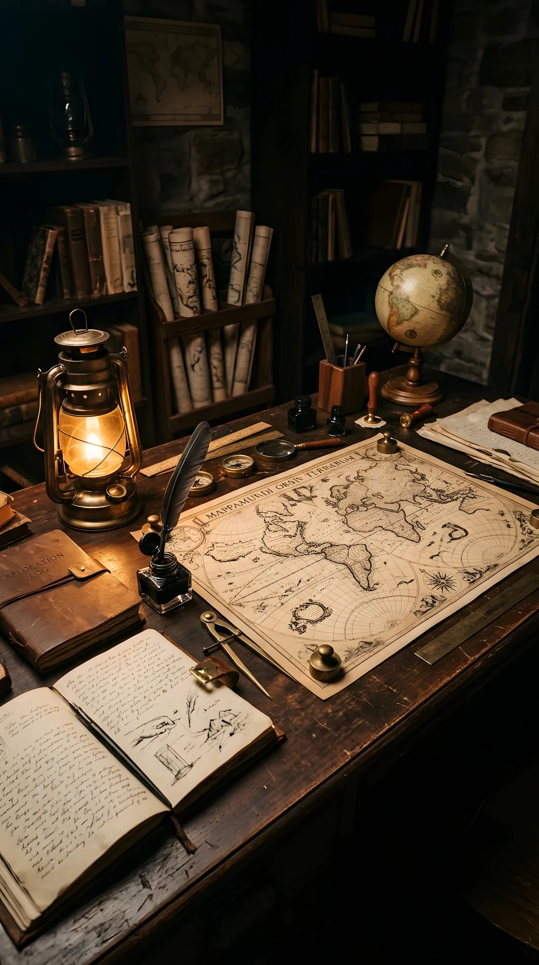 Vintage Map and Antique Lantern on Explorer Study Table - Free 4K mobile Wallpaper