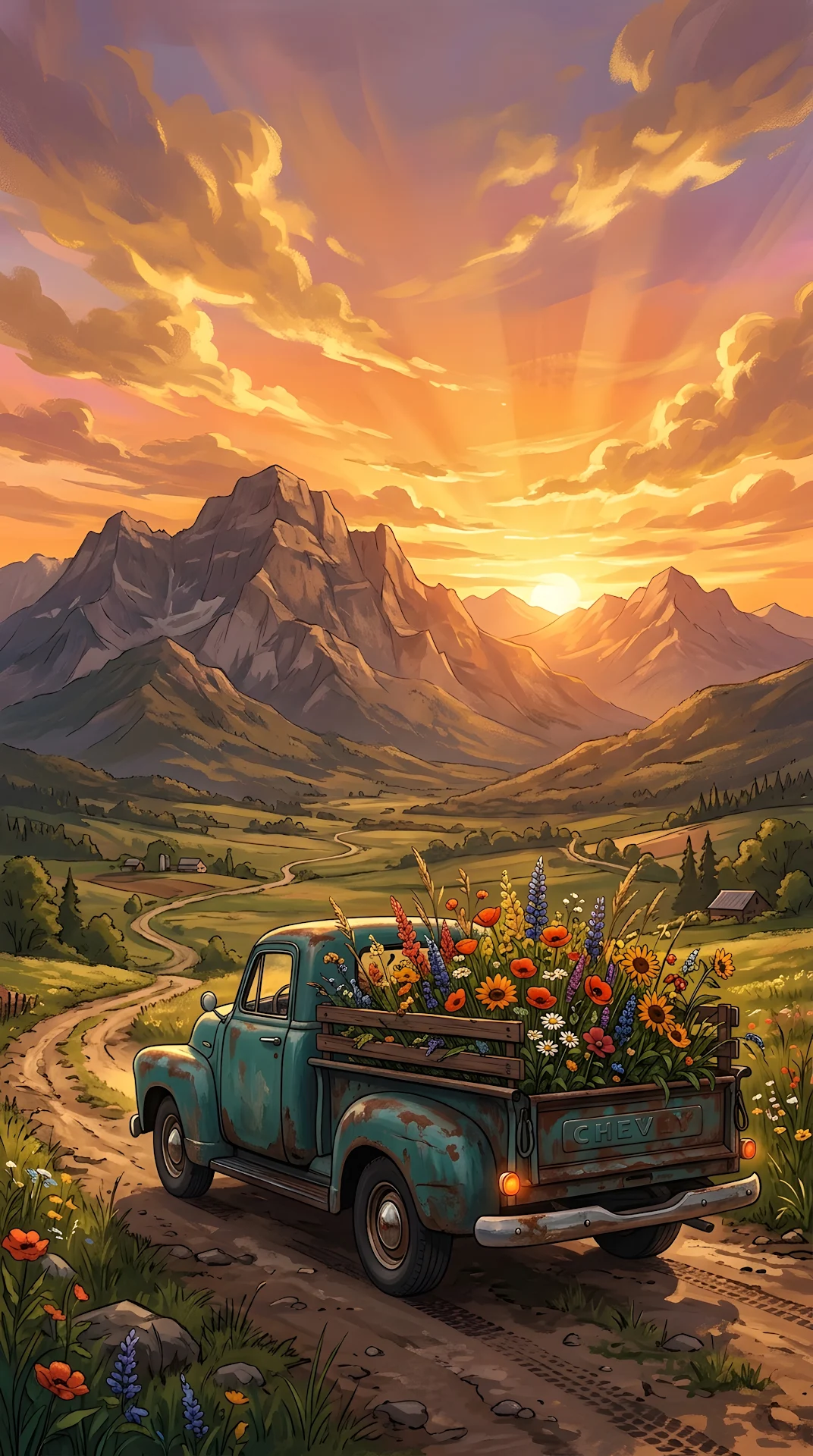 Vintage Pickup Truck with Wildflowers in Rural Mountain Sunset Landscape - Free 4K mobile Wallpaper