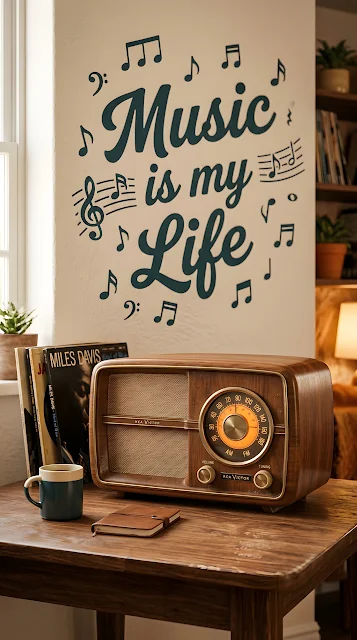 Vintage Radio Graphic with 'Music is my Life' Typography - Free mobile Wallpaper