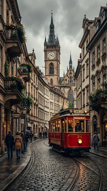 Vintage Red Tram in Historic European City - Free mobile Wallpaper