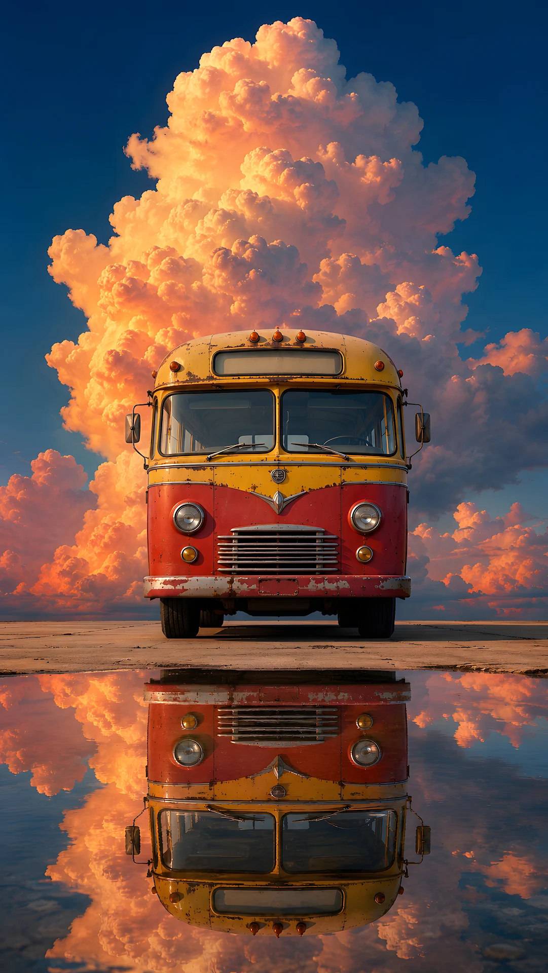 Vintage red and yellow bus reflecting in a water puddle - Free 4K mobile Wallpaper