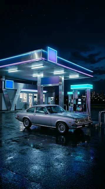 Vintage Silver Sports Coupe at Modernist Gas Station Wallpaper - Free 4K & 8K mobile Wallpaper