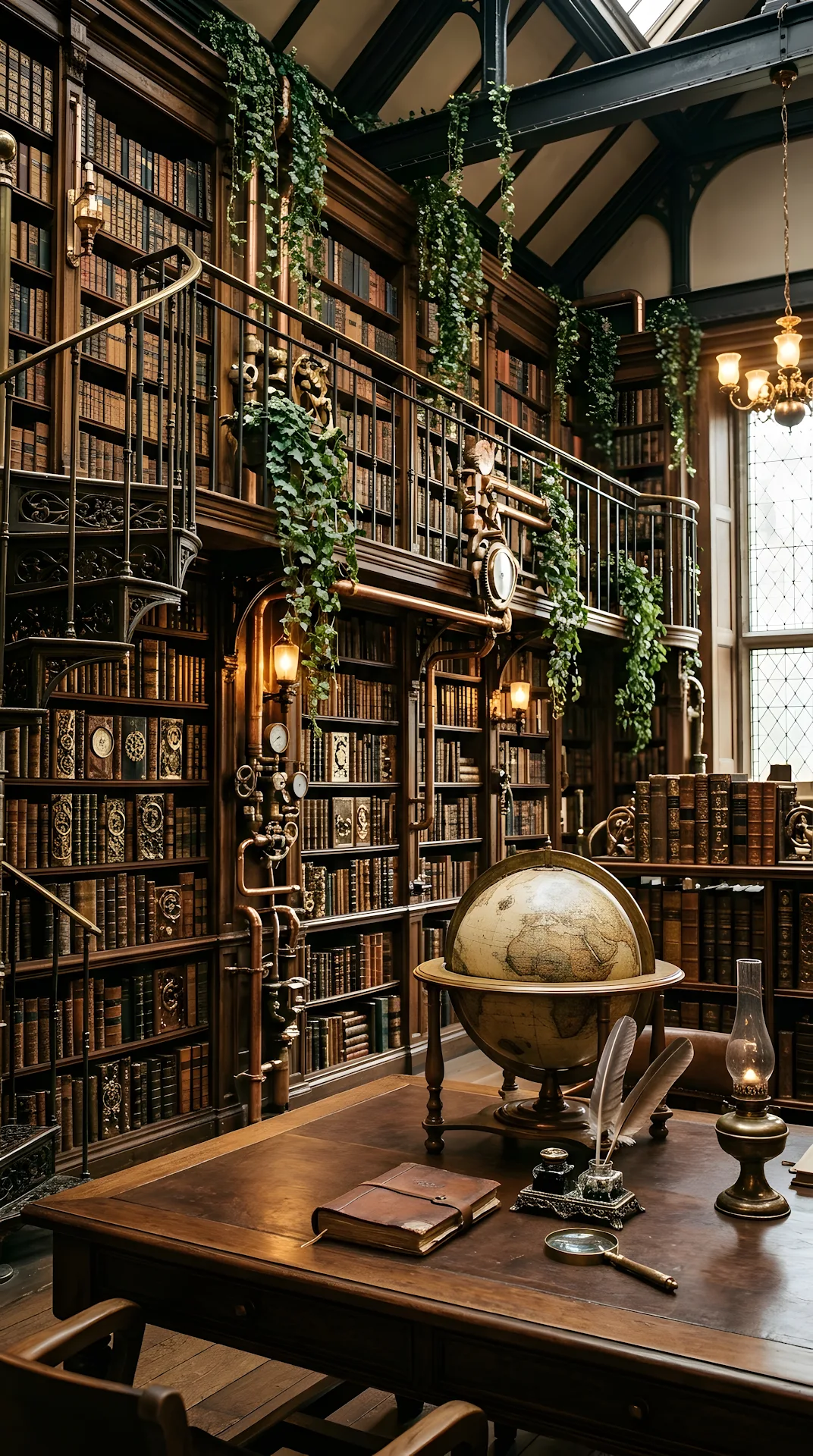 Vintage Steampunk Library with Clockwork Books and Ivy - Free 4K mobile Wallpaper