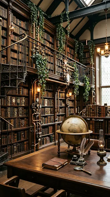 Vintage Steampunk Library with Clockwork Books and Ivy - Free mobile Wallpaper