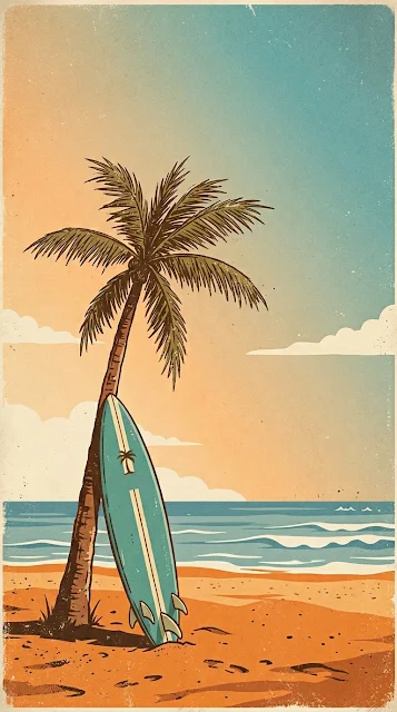Vintage Style Beach Poster with Surfboard and Palm Tree - Free 4K & 8K mobile Wallpaper