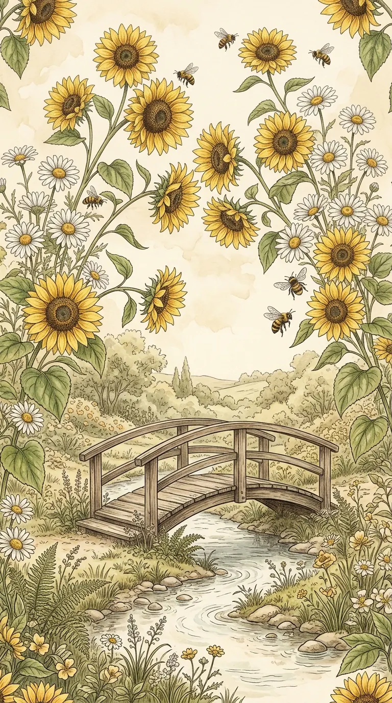 Download Vintage Style Botanical Illustration with Sunflowers and Wooden Bridge Wallpaper in 4K UHD Vintage Style Botanical Illustration with Sunflowers and Wooden Bridge - Free 8K and 4K mobile Wallpaper Background