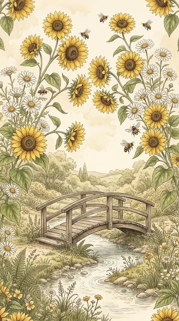 Vintage Style Botanical Illustration with Sunflowers and Wooden Bridge - Free 4K & 8K mobile Wallpaper
